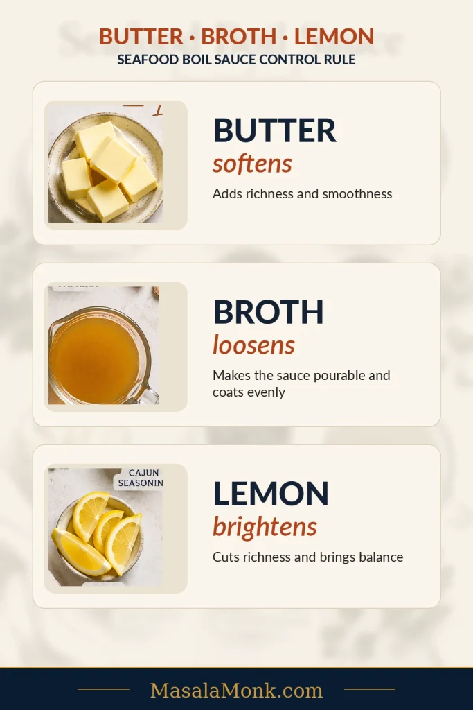 Butter, broth, and lemon showing the butter-broth-lemon rule for seafood boil sauce.