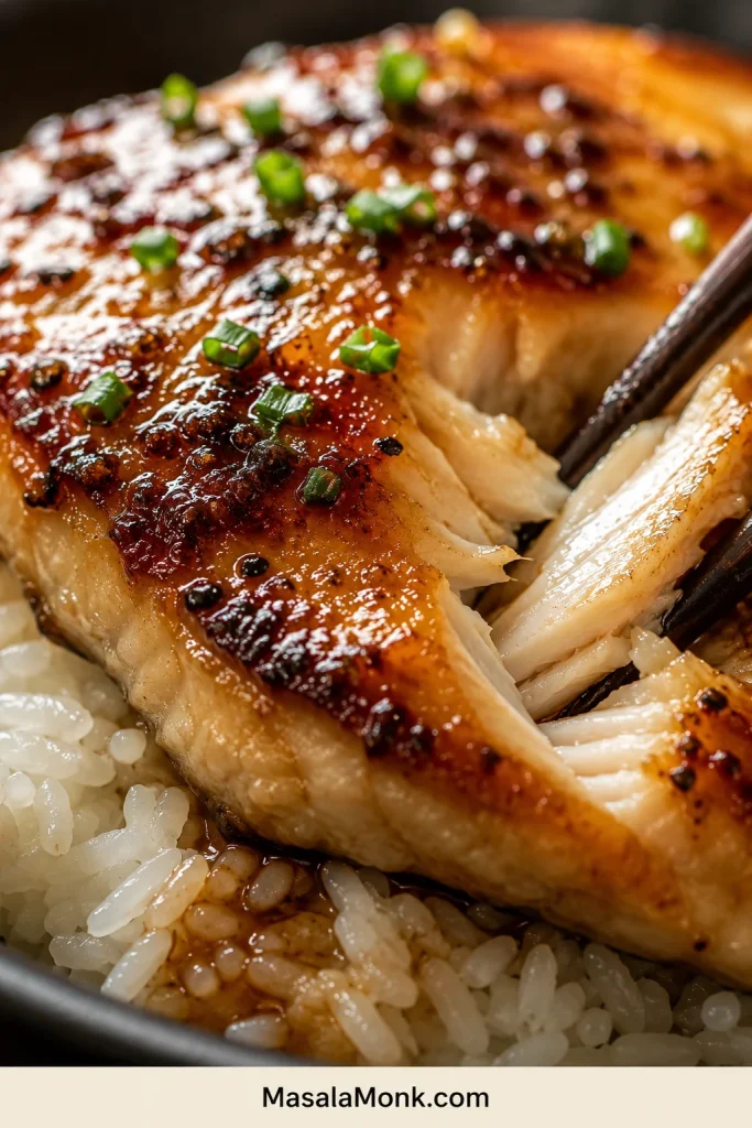 Close-up of buttery miso sablefish with caramelized glaze, soft white flakes, and rice underneath.