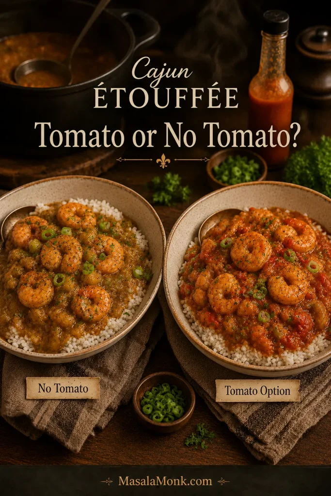 Side-by-side étouffée bowls showing a no-tomato version and a tomato-option version