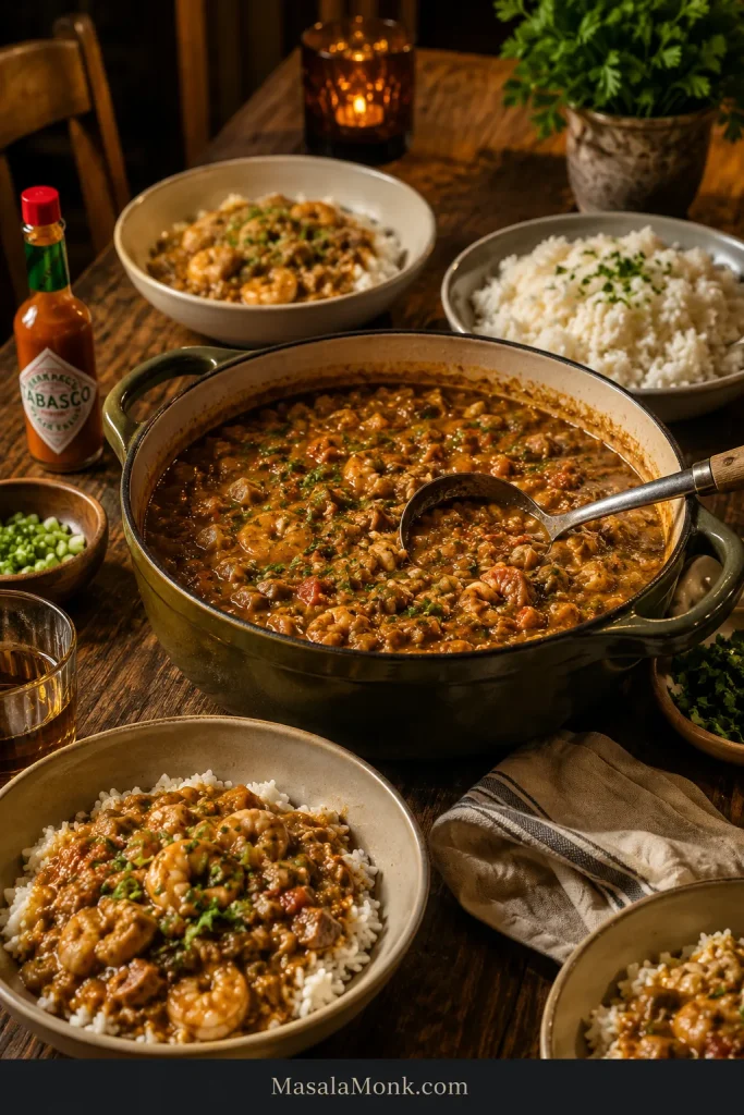 Dutch oven of Cajun étouffée served at a table with rice, bowls, herbs, ladle, and hot sauce