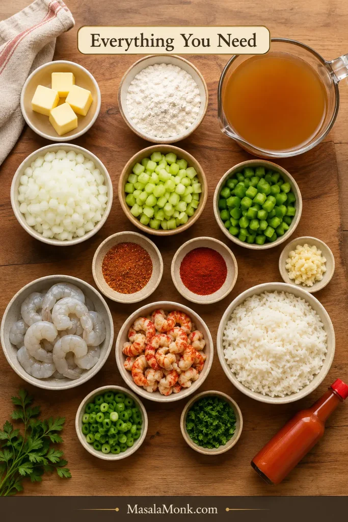 Cajun étouffée ingredients arranged with seafood, rice, vegetables, stock, herbs, seasoning, flour, and fat