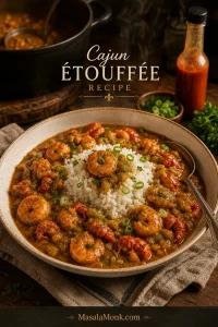 Cajun étouffée with shrimp and crawfish served over white rice in a shallow cream bowl