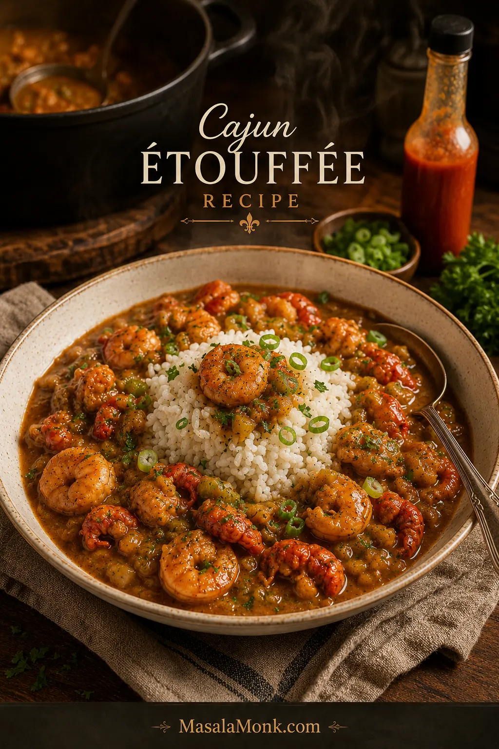 Cajun étouffée with shrimp and crawfish served over white rice in a shallow cream bowl