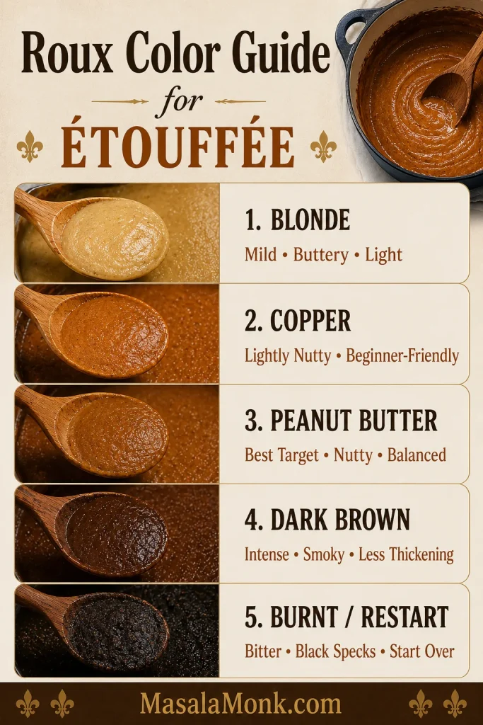 Roux color guide for étouffée showing blonde, copper, peanut butter, dark brown, and burnt stages