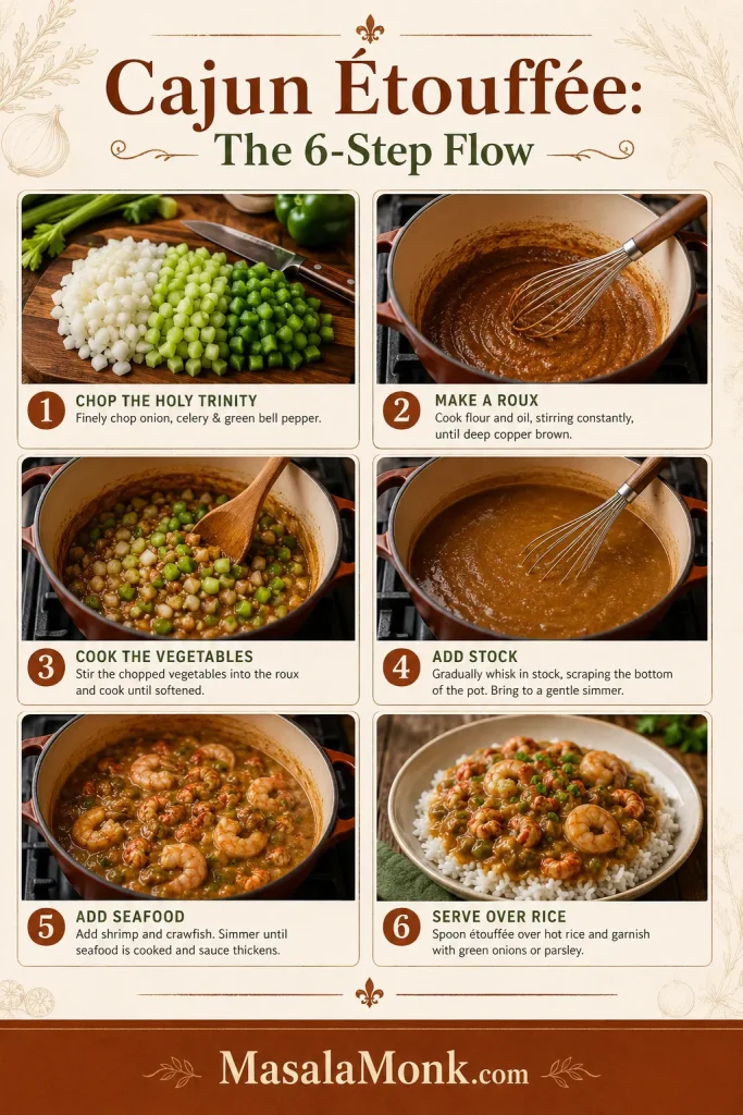 Six-step visual guide showing trinity, roux, sauce, seafood, herbs, and rice for Cajun étouffée
