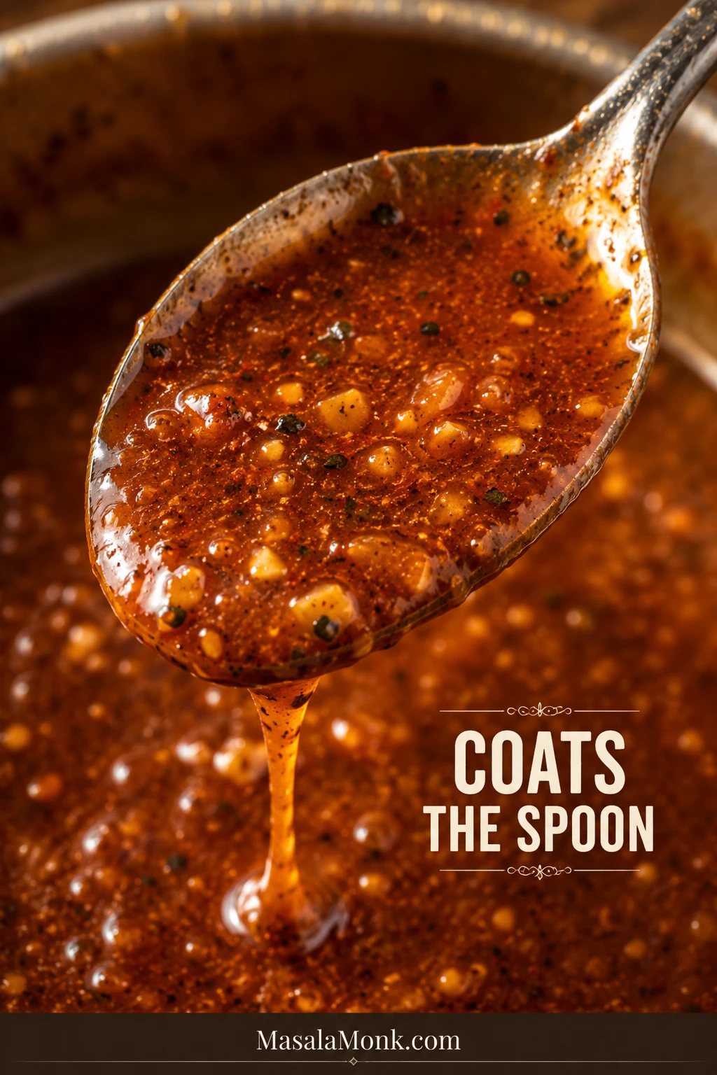 Close-up spoon lifted from Cajun garlic butter sauce with a glossy coating and slow drip.