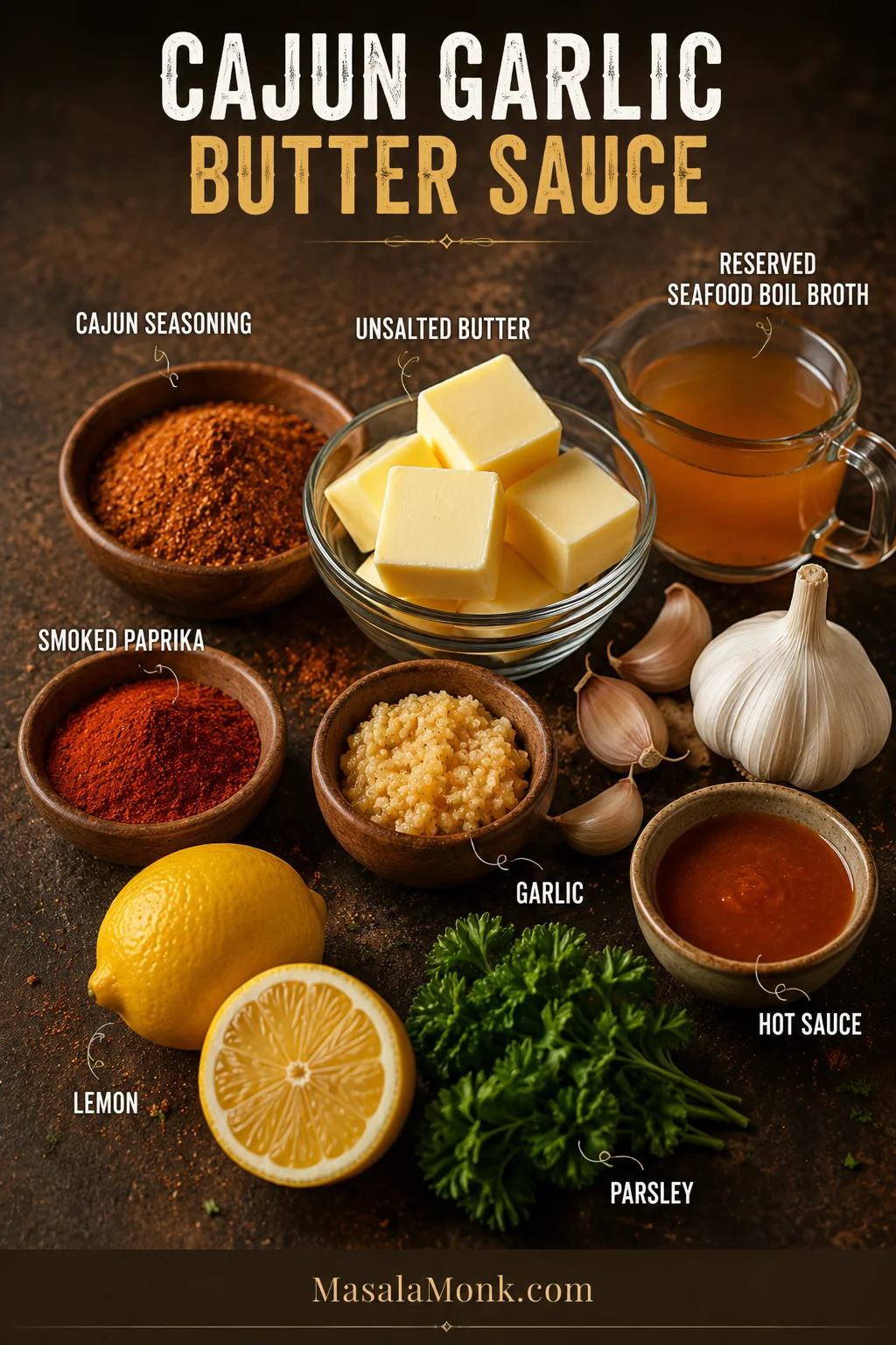 Ingredient spread for Cajun garlic butter sauce with butter, garlic, seasoning, lemon, parsley, hot sauce, and reserved broth.