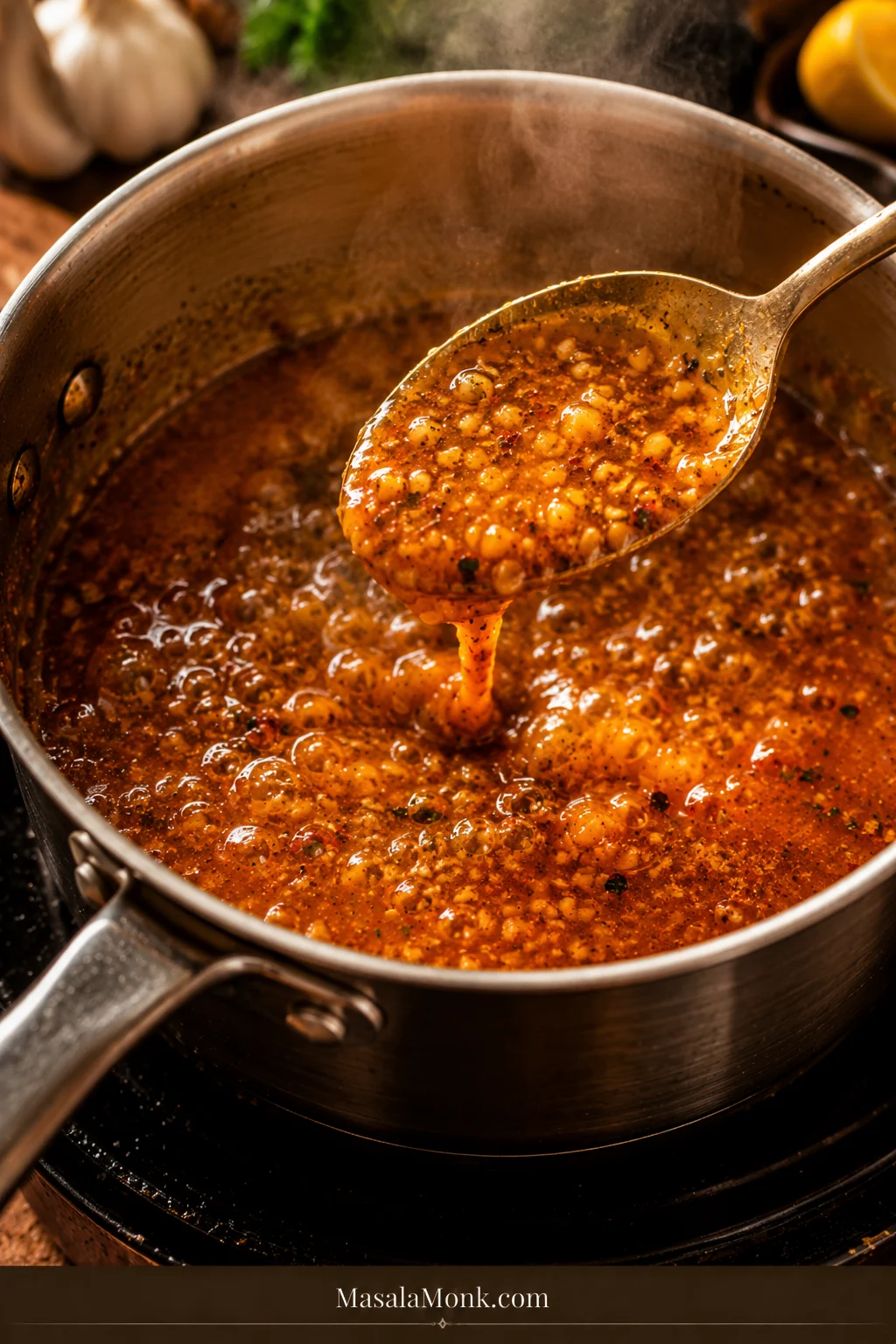 Cajun garlic butter sauce simmering in a saucepan with garlic, spices, and a glossy reddish-gold finish.