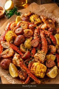 Cajun seafood boil with shrimp, crab legs, corn, potatoes, smoked sausage, lemon wedges, parsley, and garlic butter on a tray.