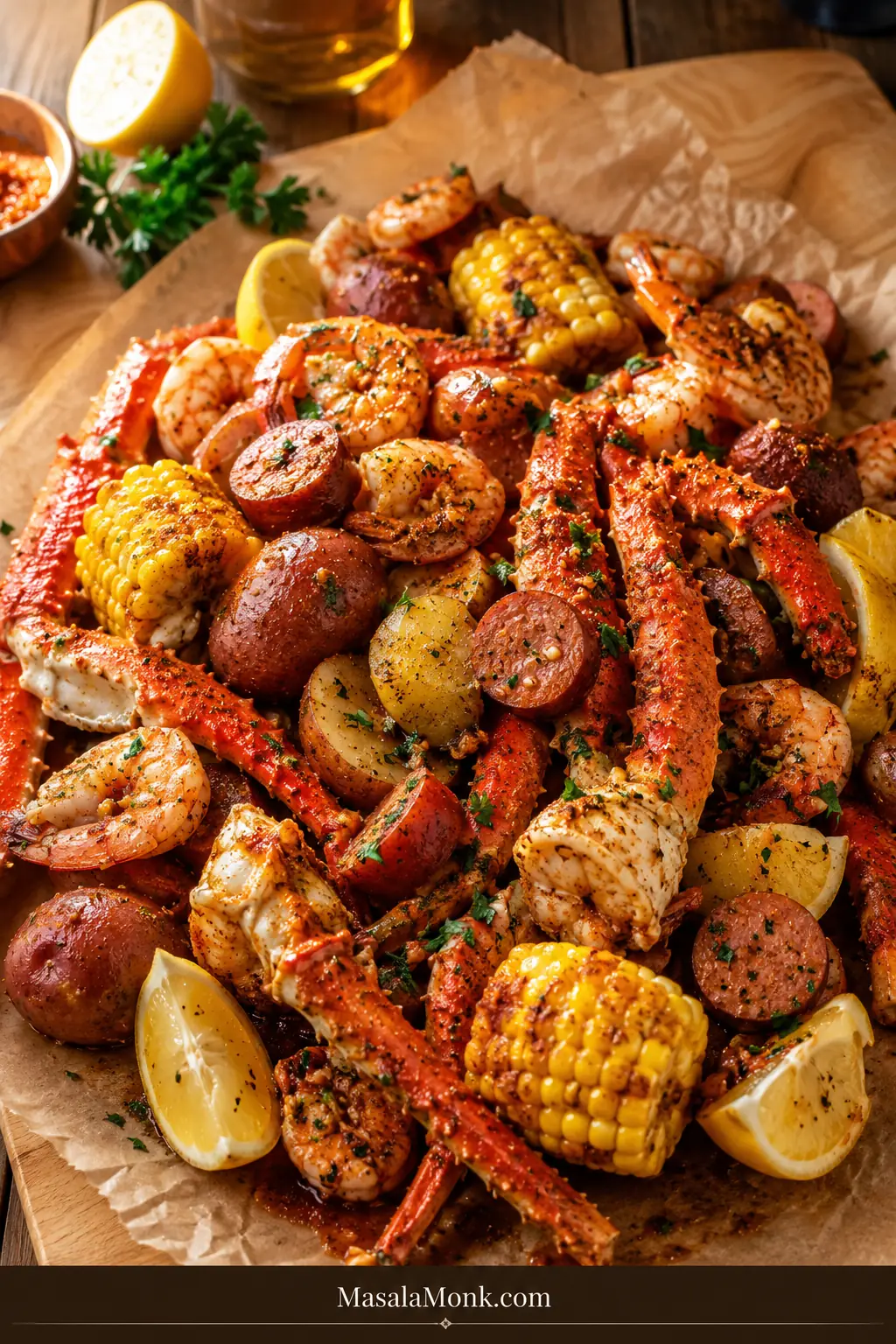 Cajun seafood boil with shrimp, crab legs, corn, potatoes, smoked sausage, lemon wedges, parsley, and garlic butter on a tray.
