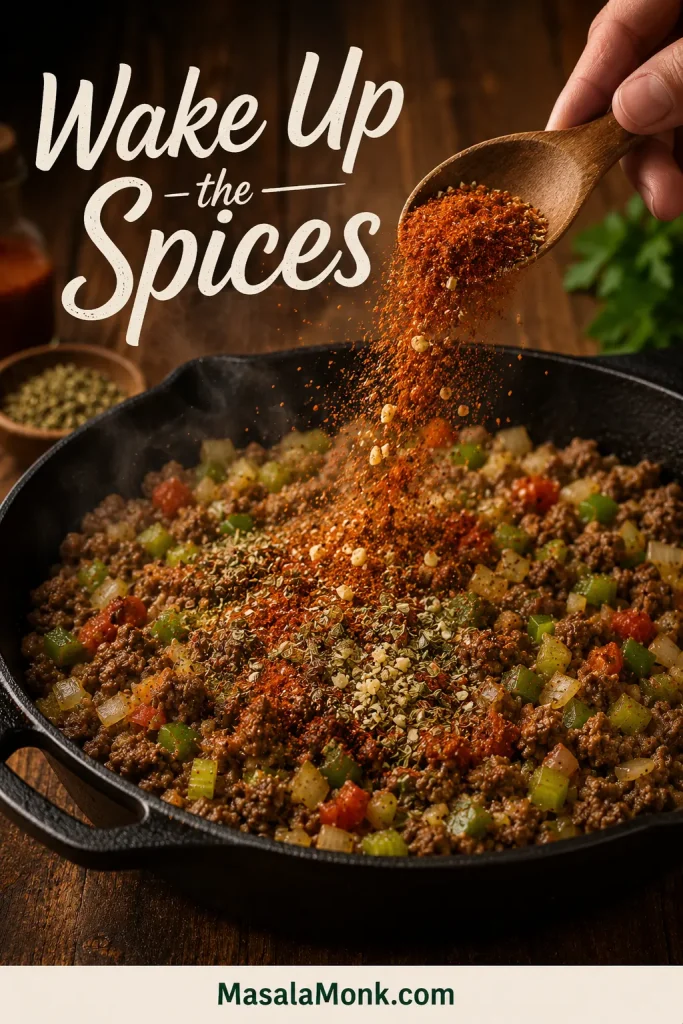 Cajun seasoning, paprika, herbs, and garlic being added to a skillet with browned meat, sausage, celery, onion, and green bell pepper.