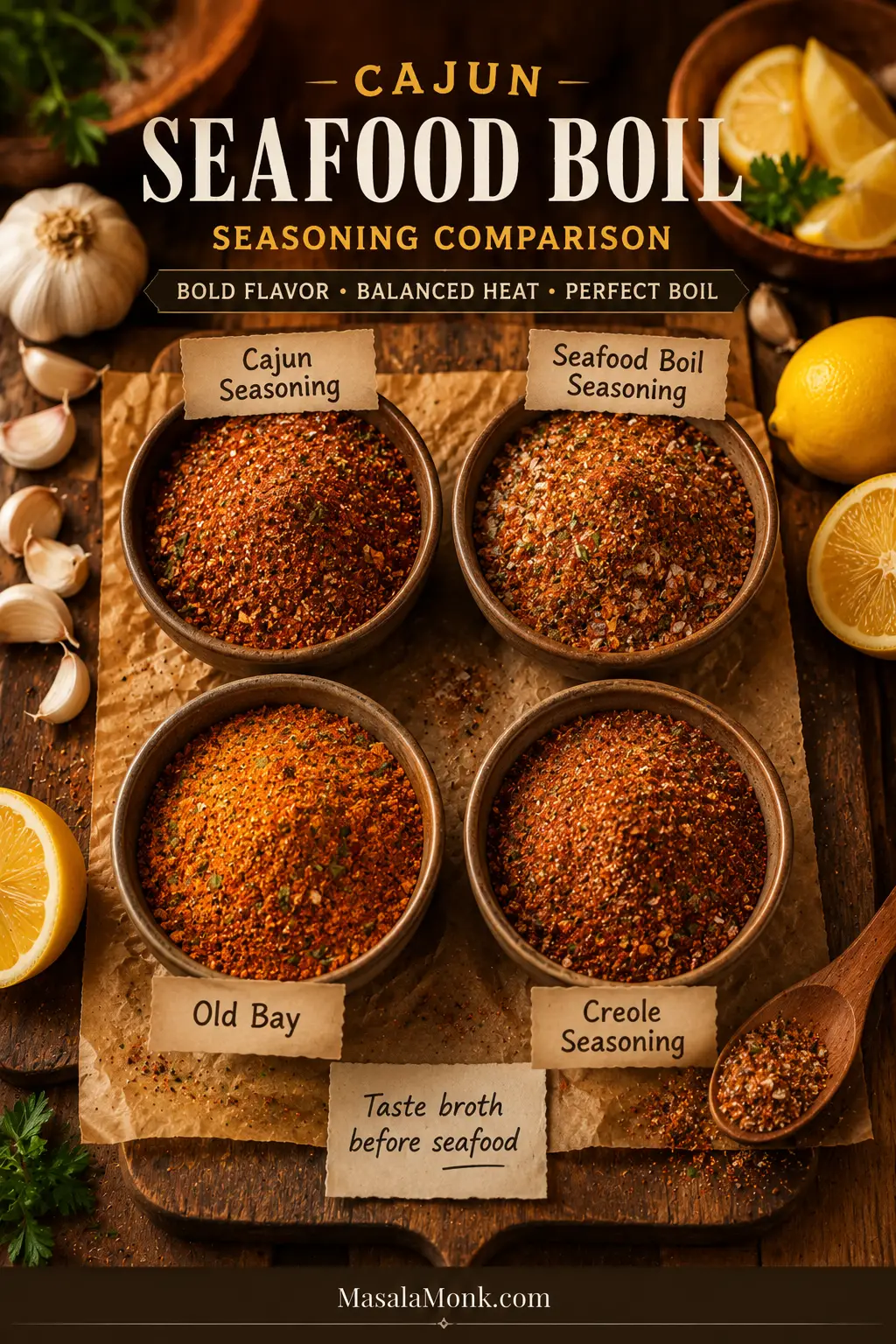 Seasoning comparison graphic with Cajun seasoning, seafood boil seasoning, Old Bay, and Creole seasoning.
