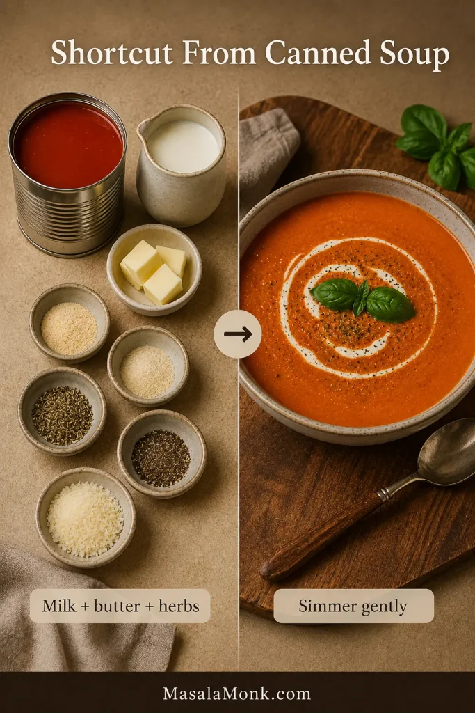 Shortcut guide showing canned tomato soup, milk, butter, herbs, Parmesan, and a finished bowl of tomato soup.