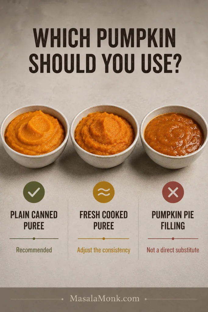 Comparison board showing canned pumpkin puree, fresh pumpkin puree and pumpkin pie filling in separate labeled bowls.