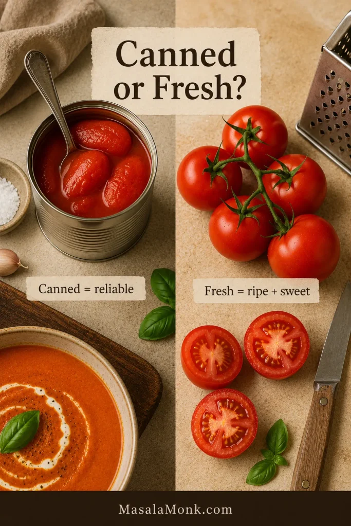 Canned tomatoes and fresh tomatoes compared side by side for tomato bisque.