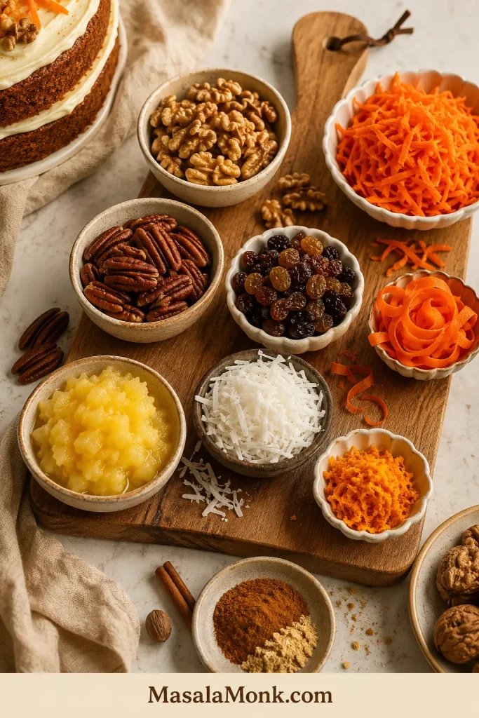 Carrot cake add-ins arranged in bowls, including walnuts, pecans, raisins, coconut, orange zest, crushed pineapple, and spices.