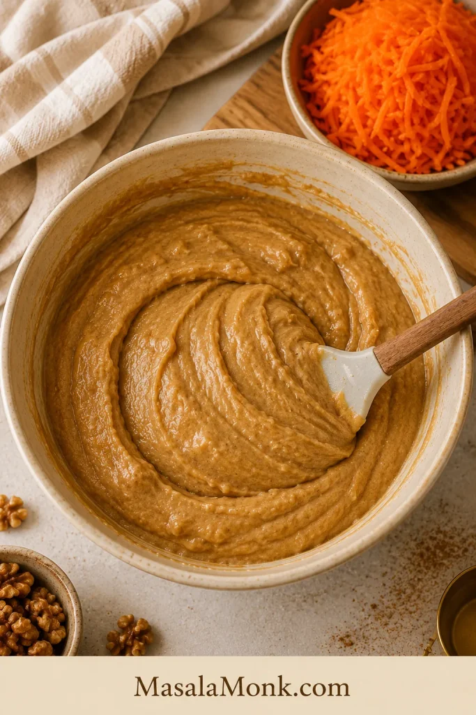Thick tan carrot cake batter in a cream mixing bowl before carrots are added, with grated carrots and a spatula nearby.