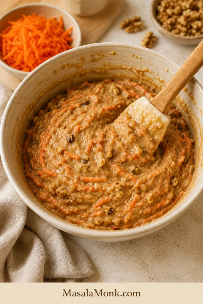 Carrot cake batter with fresh grated carrots and walnuts folded in, shown in a mixing bowl with a spatula.