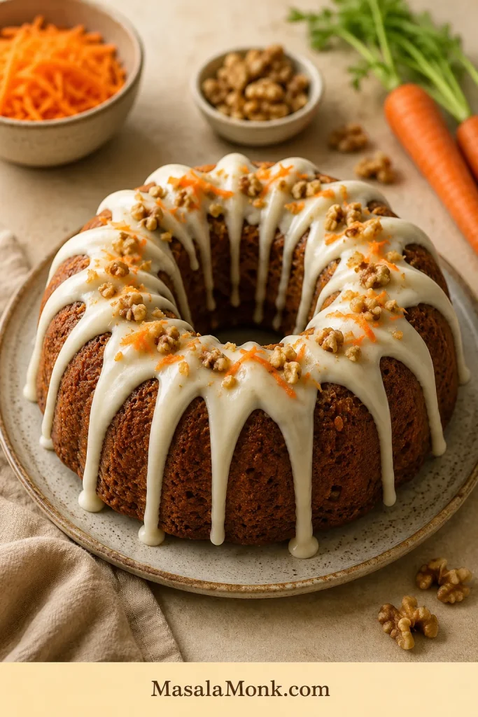 Carrot Bundt cake with cream cheese glaze and walnut garnish on a warm neutral surface.