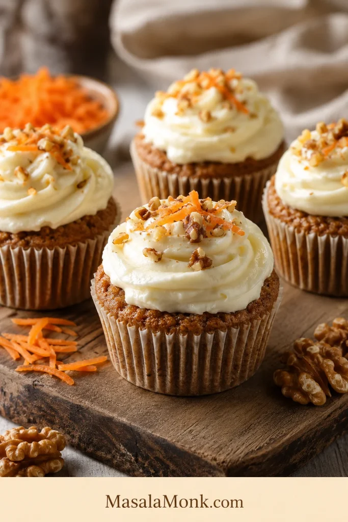 Group of carrot cake cupcakes with cream cheese frosting swirls in neutral cupcake liners.
