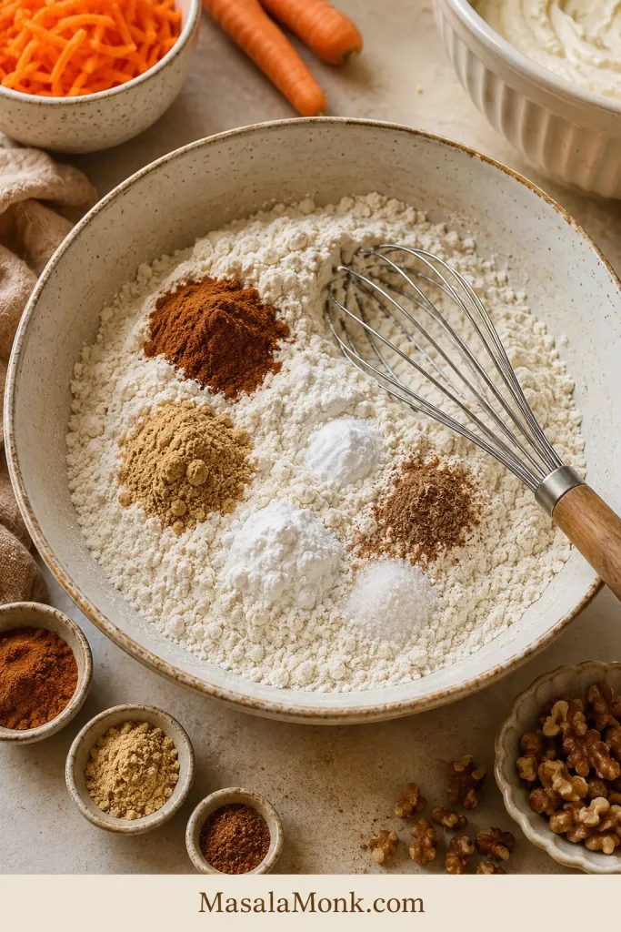 Bowl of dry carrot cake ingredients with flour, cinnamon, ginger, nutmeg, baking powder, baking soda, salt, and a whisk.