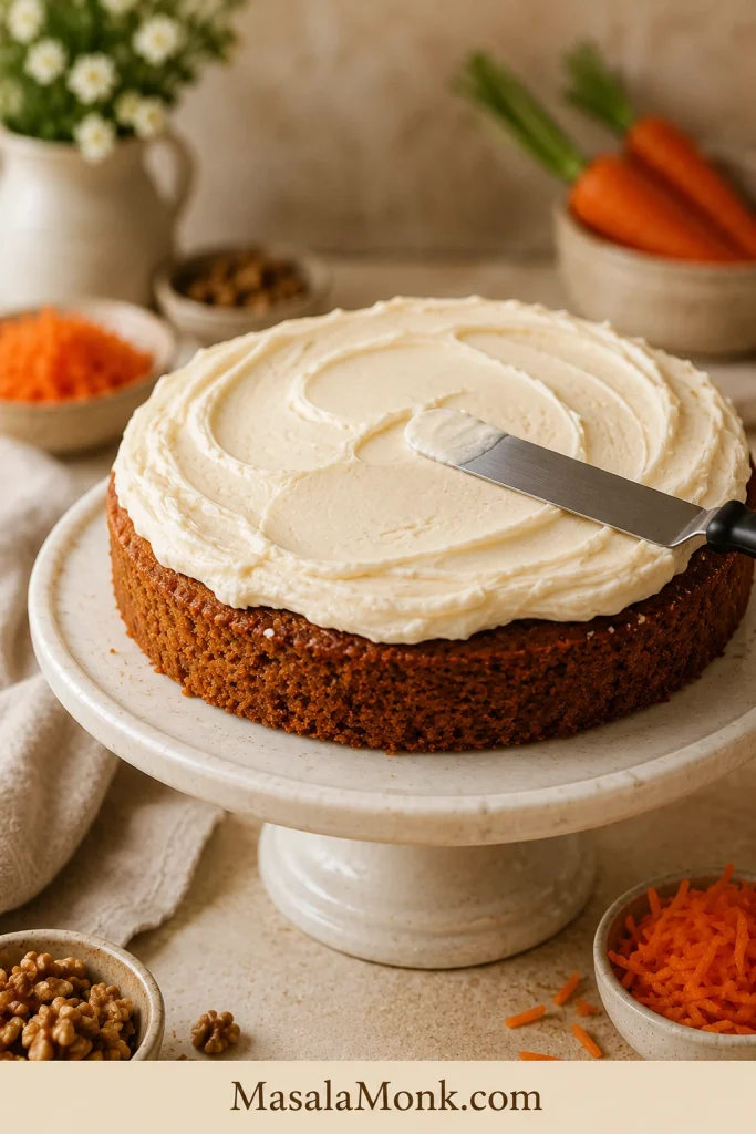 Single carrot cake layer on a cake stand with cream cheese frosting being spread over the top using an offset spatula.