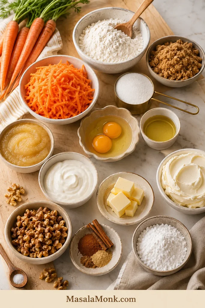 Ingredient board with carrots, grated carrots, flour, sugar, eggs, oil, spices, walnuts, cream cheese, butter, and powdered sugar.