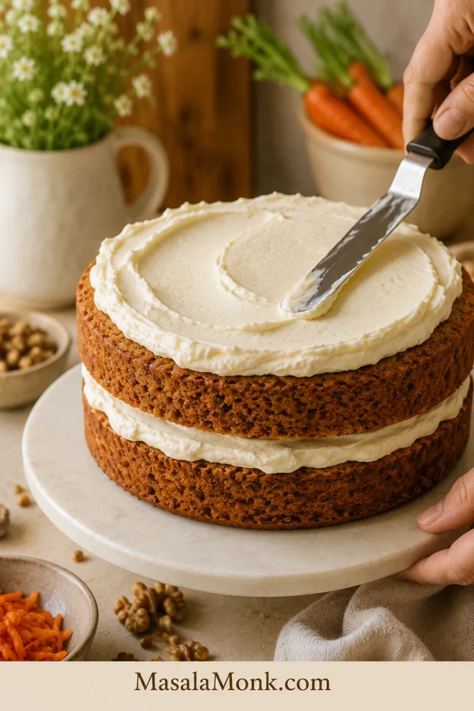 Two-layer carrot cake being frosted with an offset spatula while hands steady the cake on a stand.