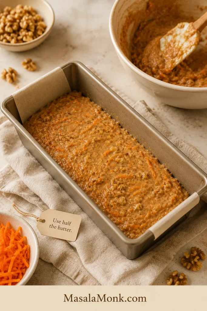Loaf pan filled halfway with carrot cake batter and a small note reading “Use half the batter.”