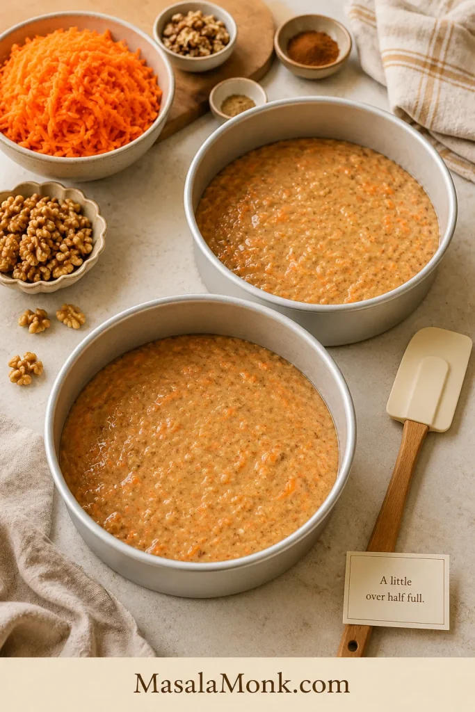 Two round cake pans filled a little over half full with carrot cake batter, with carrots, walnuts, and a spatula nearby.