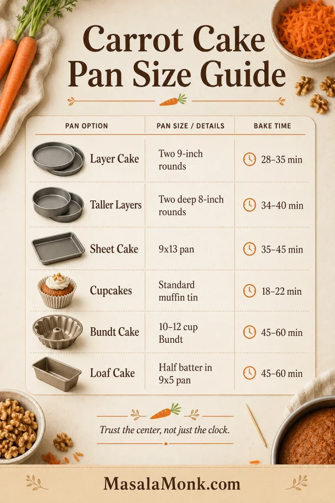 Carrot cake pan size guide with bake times for 9-inch layers, deep 8-inch layers, 9x13 sheet cake, cupcakes, Bundt cake, and half-batter loaf cake.