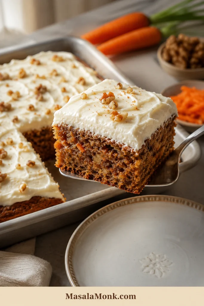 Square piece of carrot cake sheet cake lifted with a spatula, showing frosting and carrot-flecked crumb.
