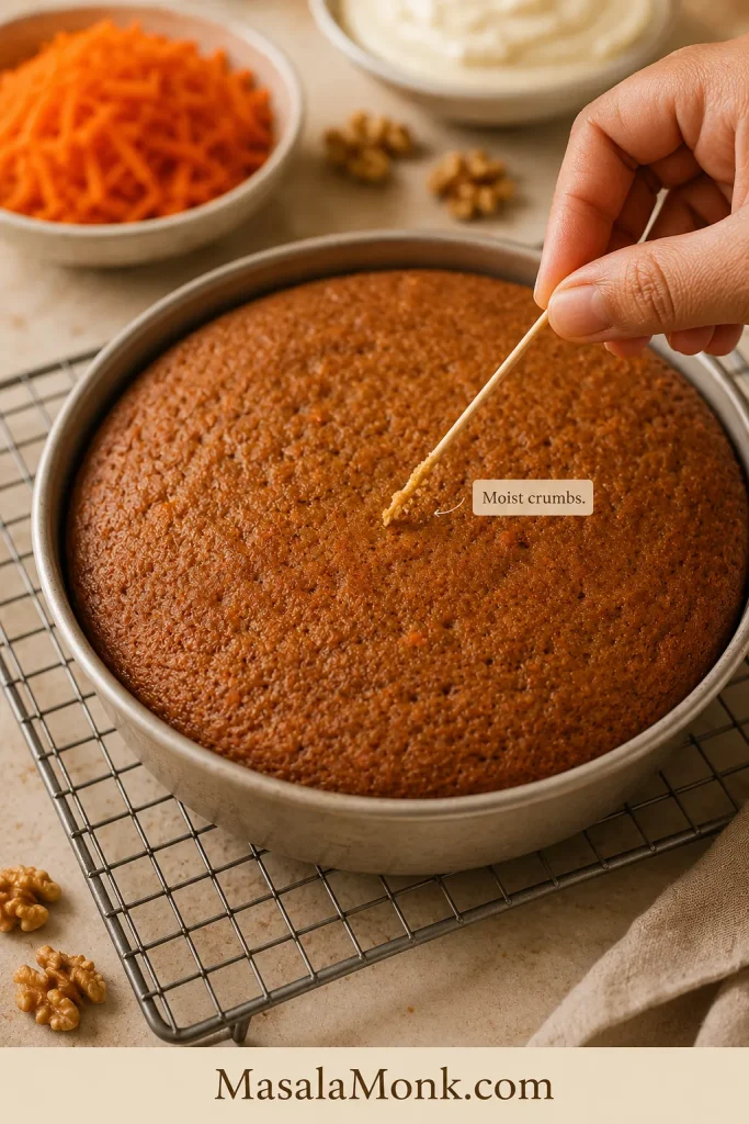 Hand holding a toothpick with moist crumbs above a baked carrot cake layer in a round pan.