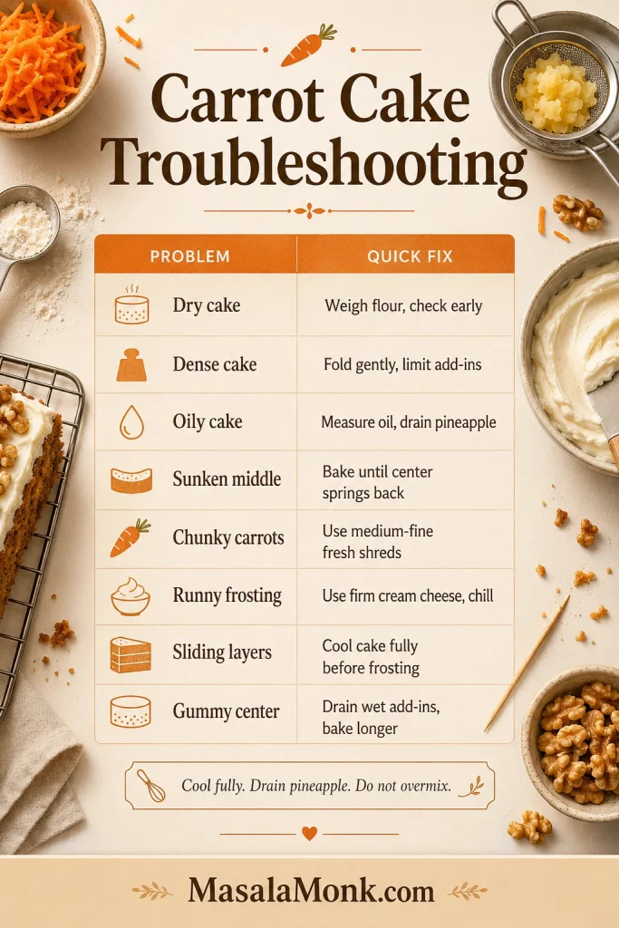 Carrot cake troubleshooting chart listing dry cake, dense cake, oily cake, sunken middle, chunky carrots, runny frosting, sliding layers, and gummy center with quick fixes.