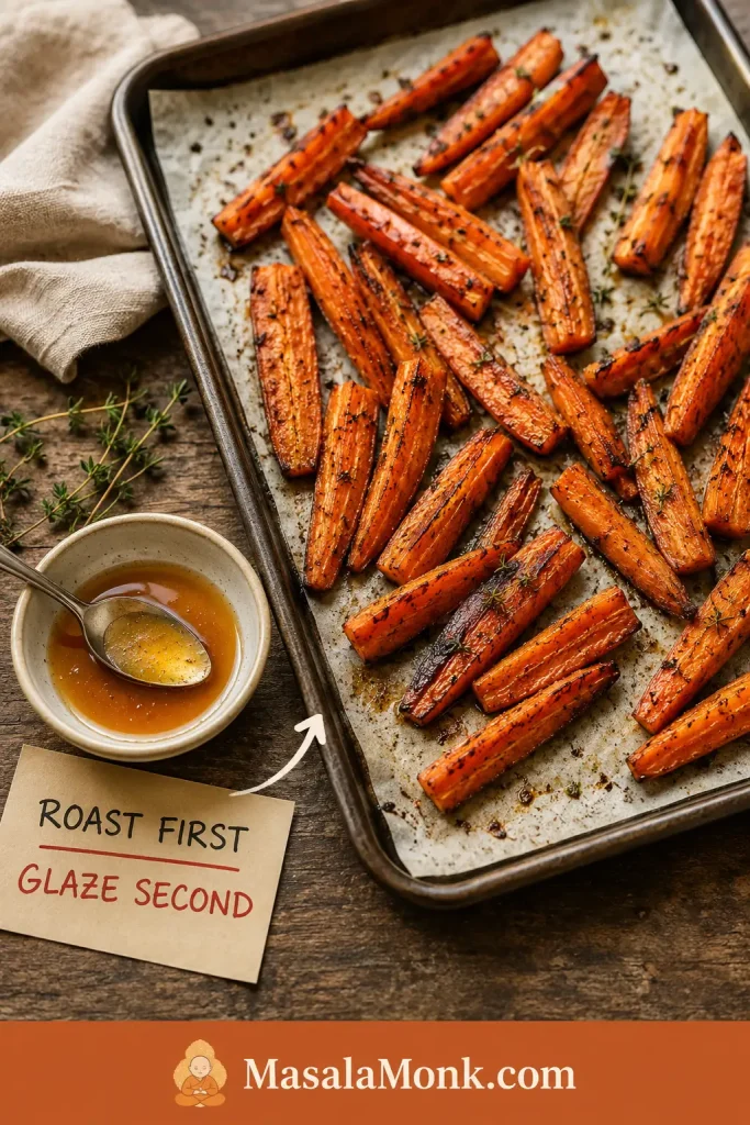 Roasted carrots on a pan with a small bowl of honey or maple glaze nearby before the glaze is added.