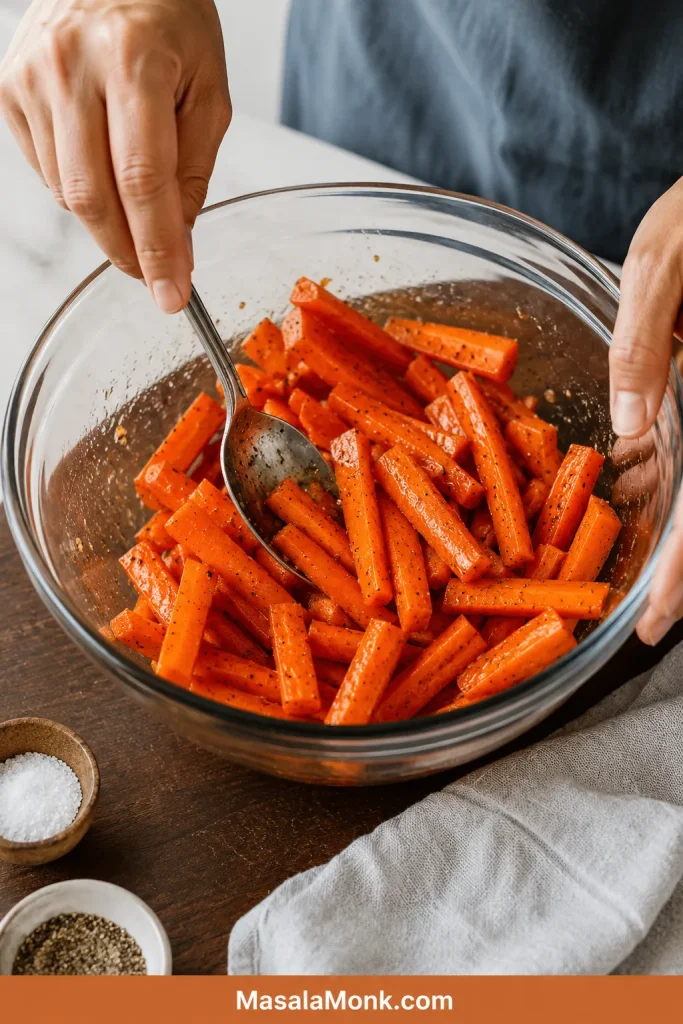 Carrot pieces tossed in a bowl with olive oil, salt, pepper, and seasoning before roasting.