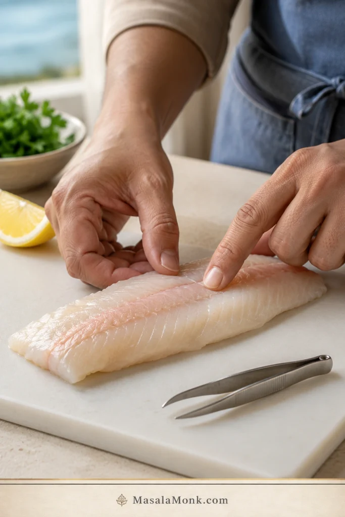 Hands checking a raw rockfish fillet for pin bones with tweezers on a clean prep surface.