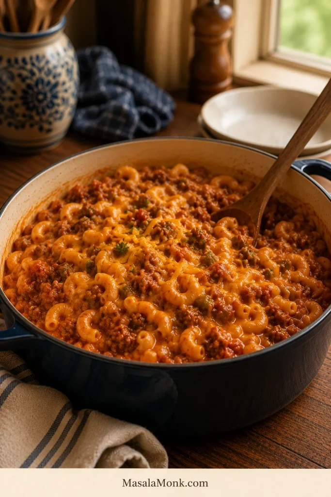 Cheesy American goulash in a Dutch oven with melted cheddar, elbow macaroni, ground beef, and tomato sauce.