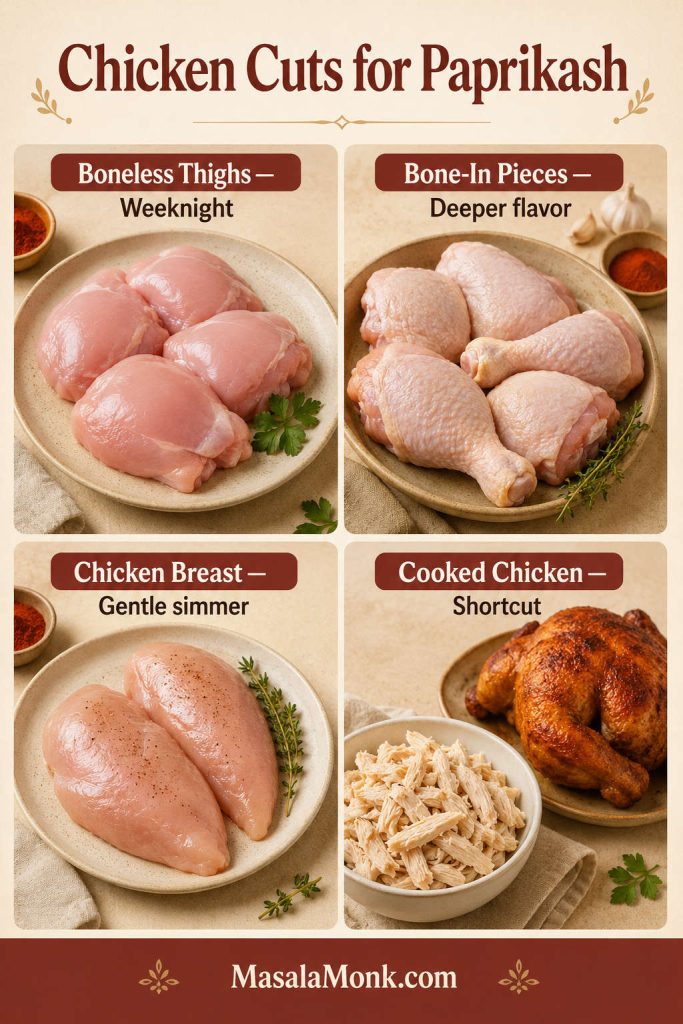 Guide showing boneless thighs, bone-in chicken pieces, chicken breast and cooked chicken as options for chicken paprikash.