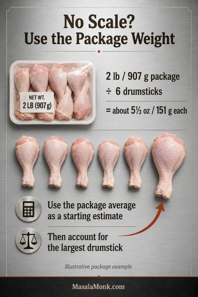 Infographic showing a two-pound chicken package divided by six drumsticks to estimate about five and one-third ounces each, with one larger drumstick highlighted.