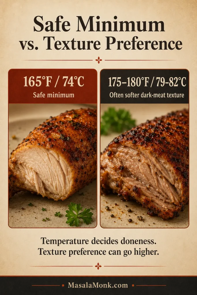 Educational temperature board showing 165 degrees Fahrenheit as the safe minimum and 175 to 180 degrees Fahrenheit as a softer dark-meat texture range.