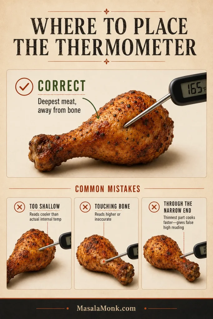 Thermometer placement guide showing a correct probe angle into the thickest meat of a cooked drumstick and three mistake callouts.