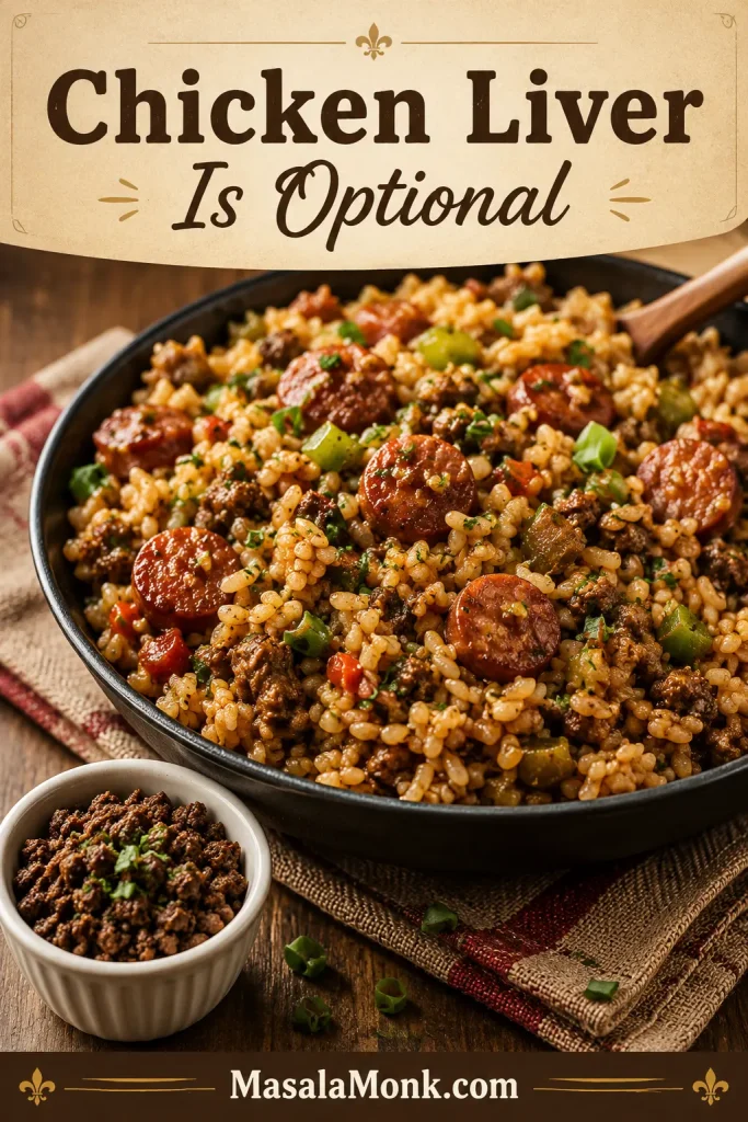 Finished dirty rice with a small optional chicken liver guide element showing how liver can add deeper traditional-style flavor.