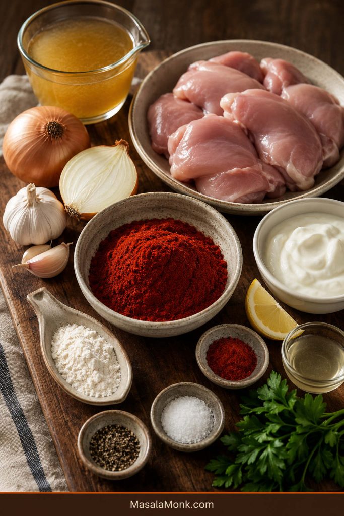 Boneless chicken thighs, sweet paprika, onions, garlic, broth, sour cream, flour, lemon, parsley, salt and pepper arranged on a wooden board.