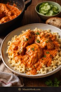 Chicken paprikash with red-orange sour cream sauce served over noodles, garnished with parsley, with cucumber salad and bread nearby.