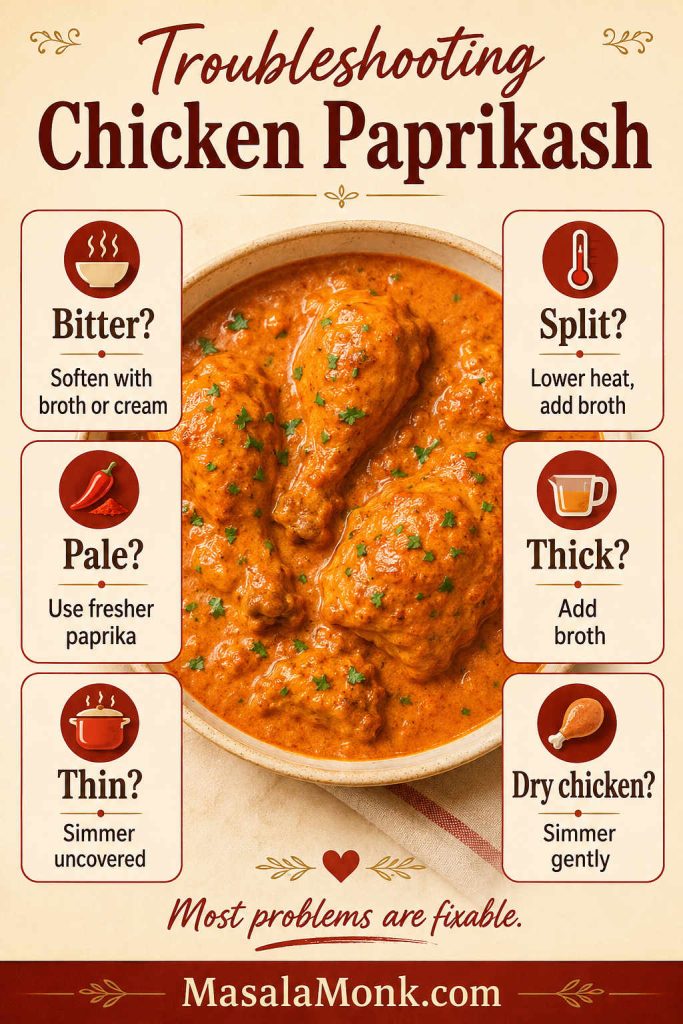 Troubleshooting guide for chicken paprikash with fixes for bitter sauce, split sauce, pale sauce, thin sauce, thick sauce and dry chicken.