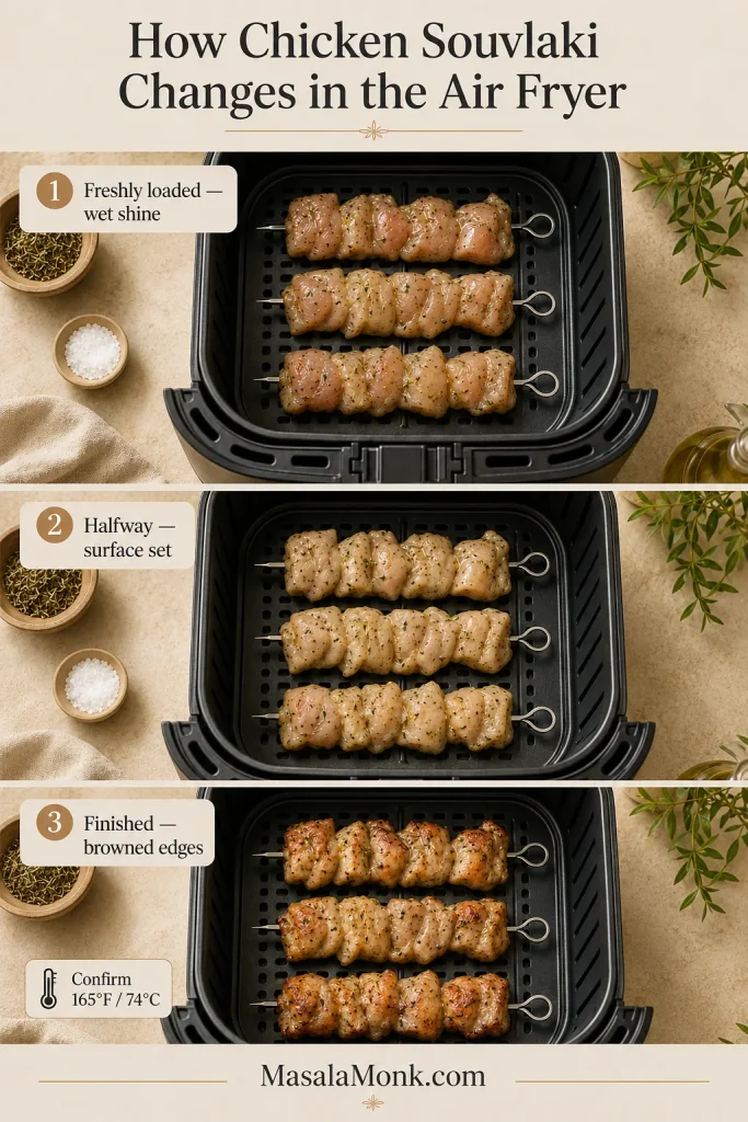 Three-stage air-fryer sequence showing glossy raw chicken, partially cooked opaque surfaces and finished chicken with browned edges.