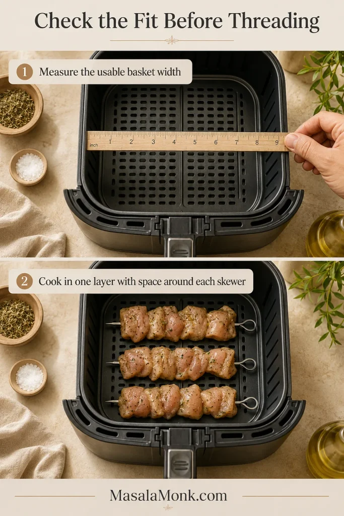 Two-panel air-fryer guide showing the basket width being measured and three chicken skewers arranged in one spaced layer.