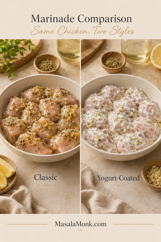 Two bowls of raw chicken, one in a glossy lemon-oregano marinade and one in a thicker Greek-yogurt coating.