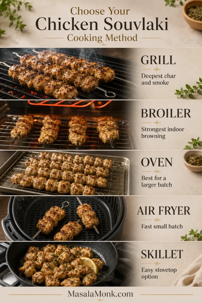 Five-part infographic showing chicken souvlaki cooked on a grill, under a broiler, in an oven, air fryer and skillet.
